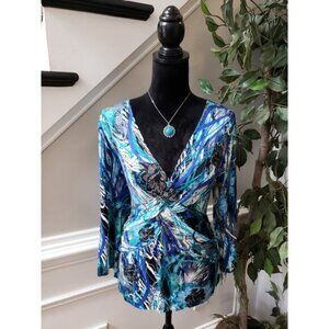 Women's Cable and Gauge PXL Blue Floral Wrap Top 3 4 Sleeve Stretch Blouse`